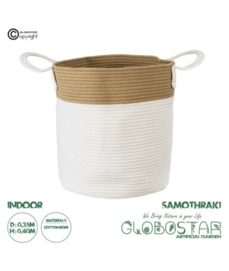 GloboStar® Artificial Garden SAMOTHRAKI 20199 Διακοσμητικό Πλεκτό Καλάθι - Κασπώ Γλάστρα - Flower Pot  Μπεζ με Λευκό Π35cm x Υ40cm
